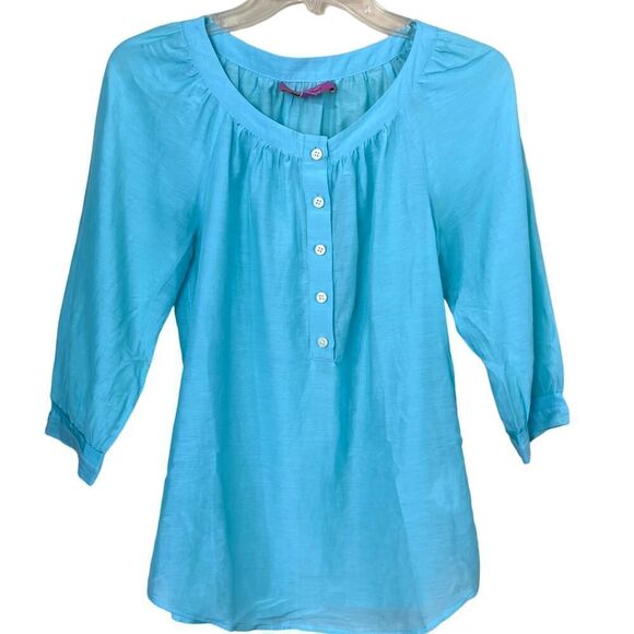 Trina Turk For Banana Collection Turquoise Silk Cotton Blue Blouse Size 0 - Picture 1 of 8